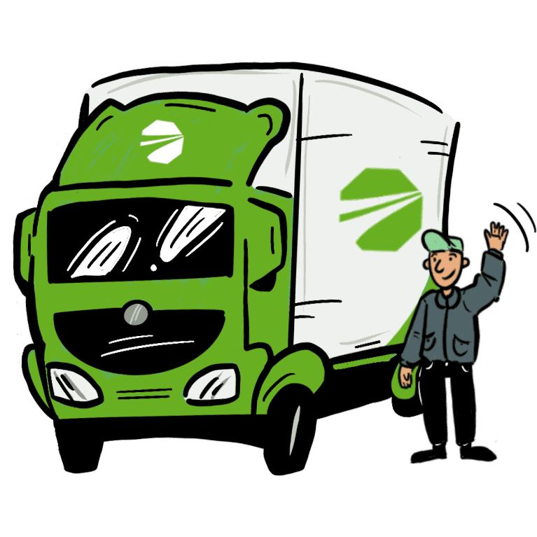 Eine Karikatur eines lächelnden Lieferboten, der neben einem grün-weißen Lieferwagen der HANSETRANS GmbH steht.